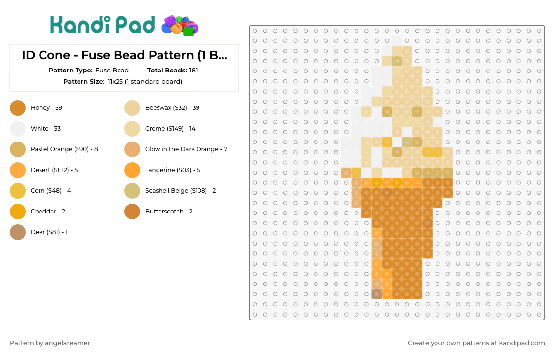 ID Cone - Fuse Bead Pattern (1 Board) - Fuse Bead Pattern by angelareamer on Kandi Pad - ice cream,cone,dessert,vanilla,tasty,treat,food,summer,orange,beige