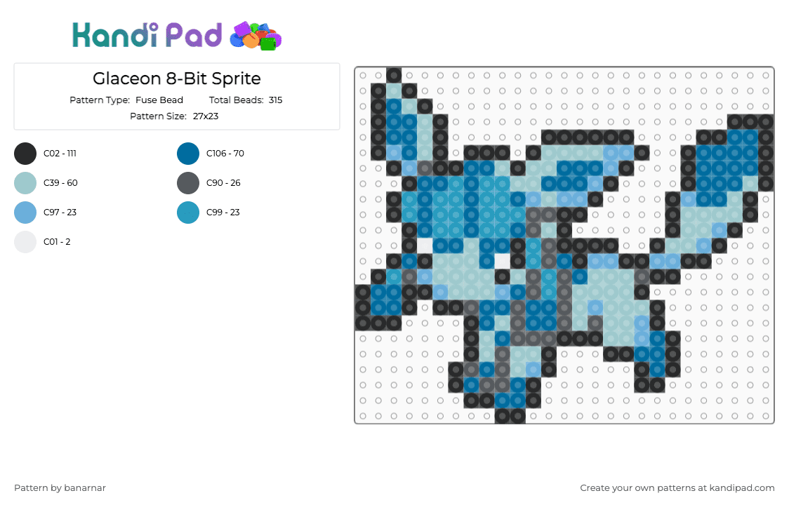 Glaceon 8-Bit Sprite - Fuse Bead Pattern by banarnar on Kandi Pad - light blue,blue