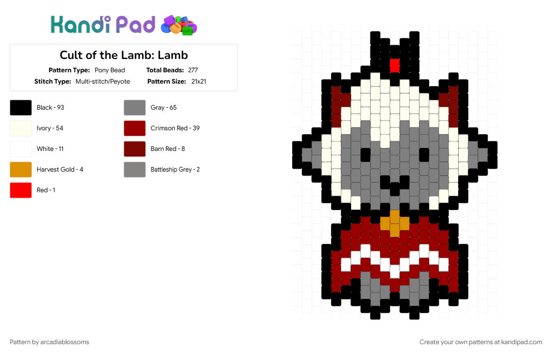 Cult of the Lamb: Lamb - Pony Bead Pattern by arcadiablossoms on Kandi Pad - character, cult of the lamb, gaming, gray, red, video game
