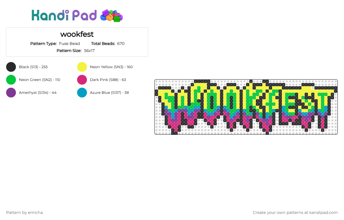 wookfest - Fuse Bead Pattern by emicha on Kandi Pad - yellow,green,pink