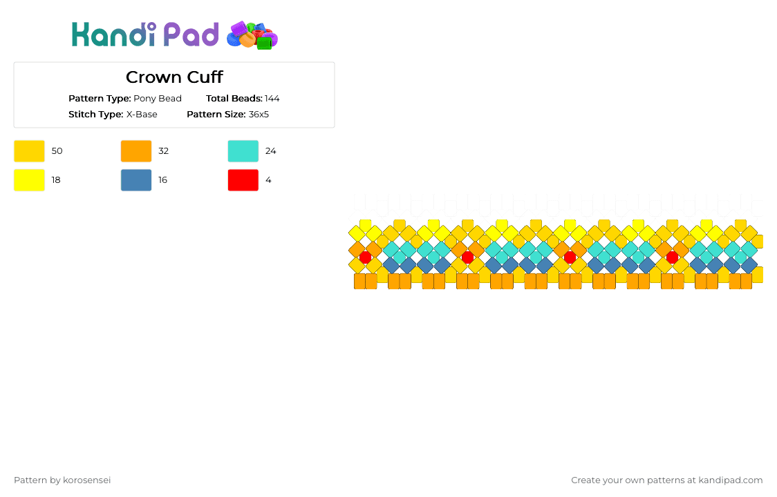 Crown Cuff - Pony Bead Pattern by korosensei on Kandi Pad - yellow,orange,crown,blue,red,jewels,royalty,xbase,xcuff