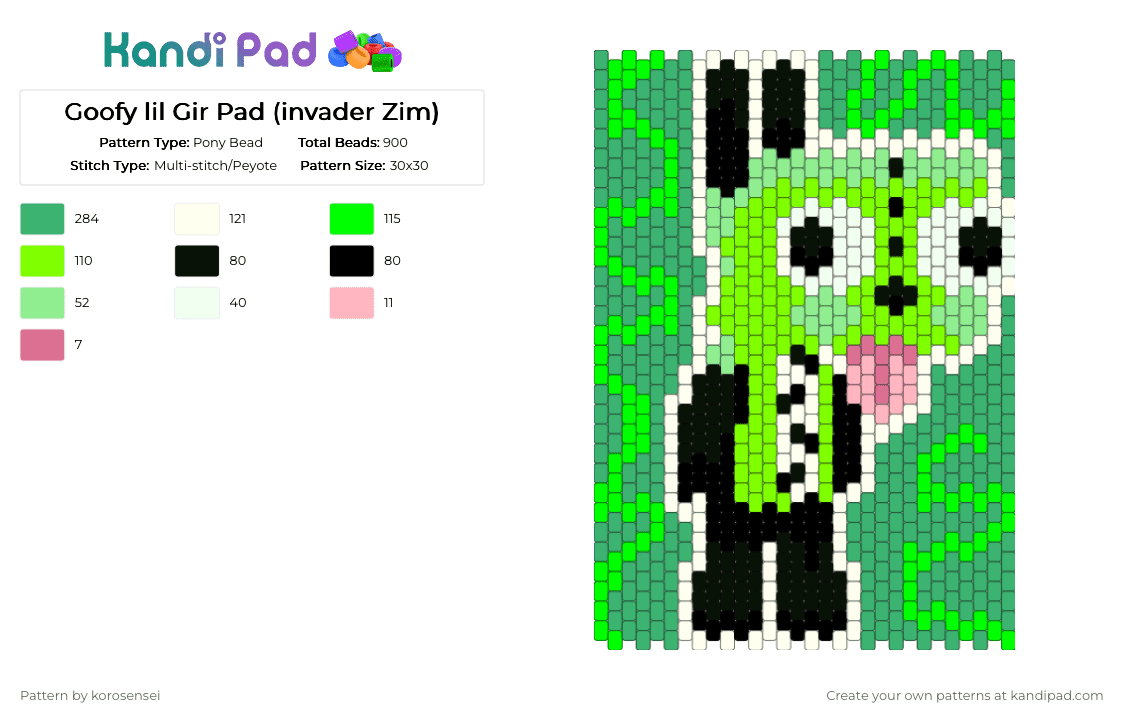 Goofy lil Gir Pad (invader Zim) - Pony Bead Pattern by korosensei on Kandi Pad - green