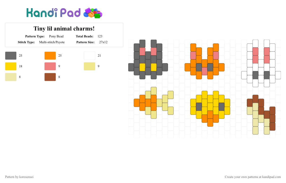 Tiny lil animal charms! - Pony Bead Pattern by korosensei on Kandi Pad - gray,yellow,orange,tiny,charms,cat,bunny,fish,bird,horse,duck