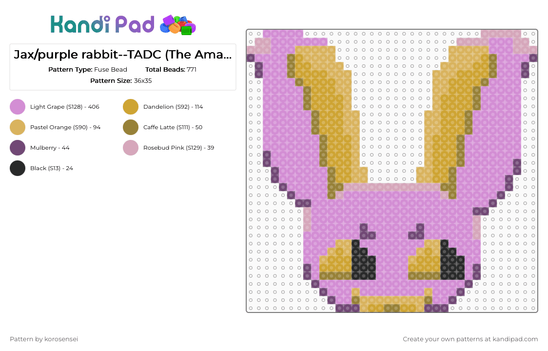 Jax/purple rabbit--TADC (The Amazing Digital Circus) - Fuse Bead Pattern by korosensei on Kandi Pad - pink,theamazingdigitalcircus,jax,purple,rabbit,bunny,weirdcore,fusebeads