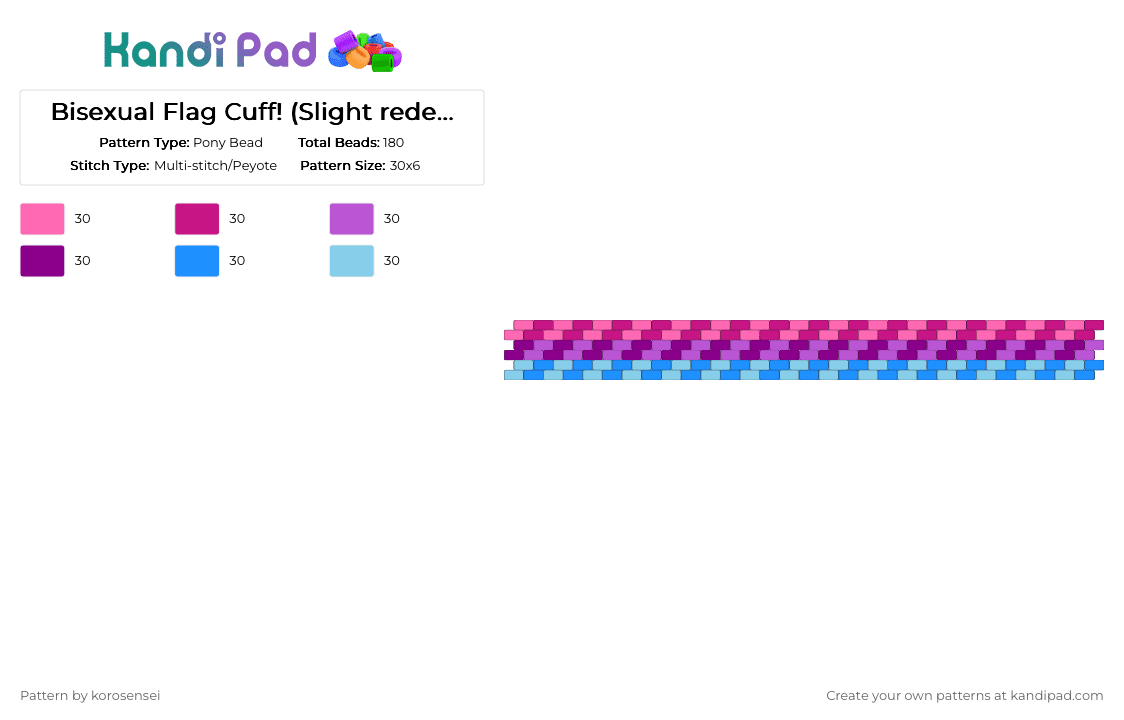 Bisexual Flag Cuff! (Slight redesign) - Pony Bead Pattern by korosensei on Kandi Pad - pink,light blue,lgbtq,bi,bisexual