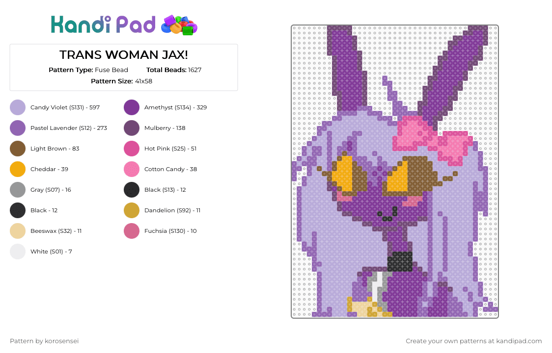 TRANS WOMAN JAX! - Fuse Bead Pattern by korosensei on Kandi Pad - pink,jax,trans,trans woman,trans jax,tadc,the amazing digital circus,lgbtq,lgbtqia