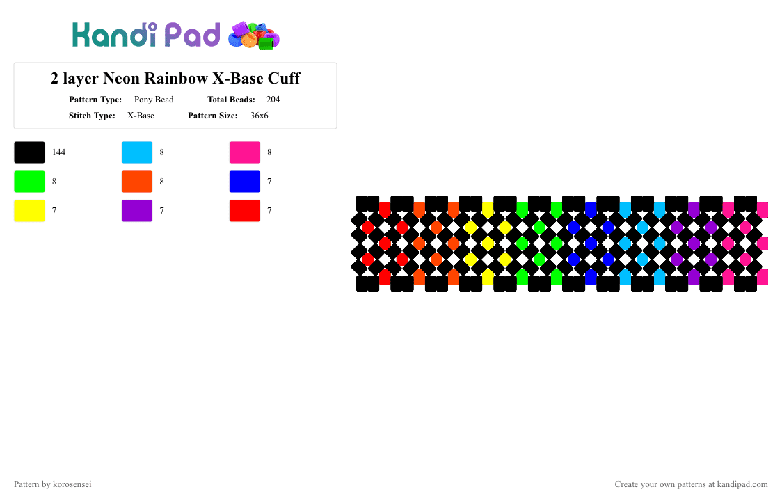 2 layer Neon Rainbow X-Base Cuff - Pony Bead Pattern by korosensei on Kandi Pad - black,purple,red
