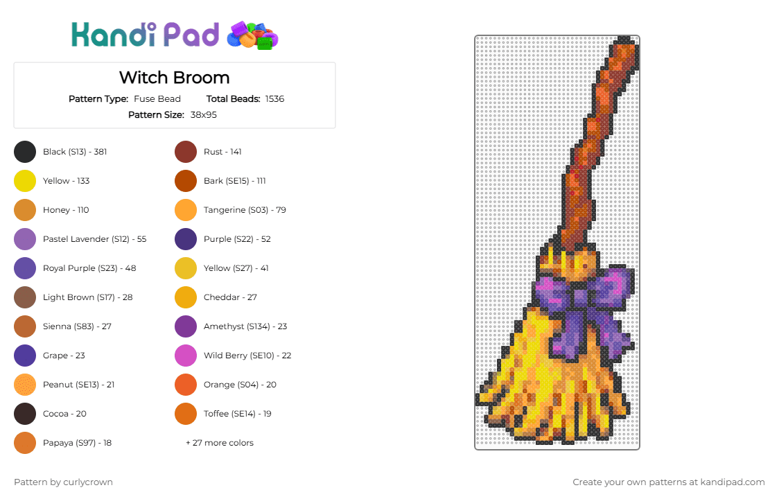 Witch Broom - Fuse Bead Pattern by curlycrown on Kandi Pad - colorful, orange, purple, red, yellow