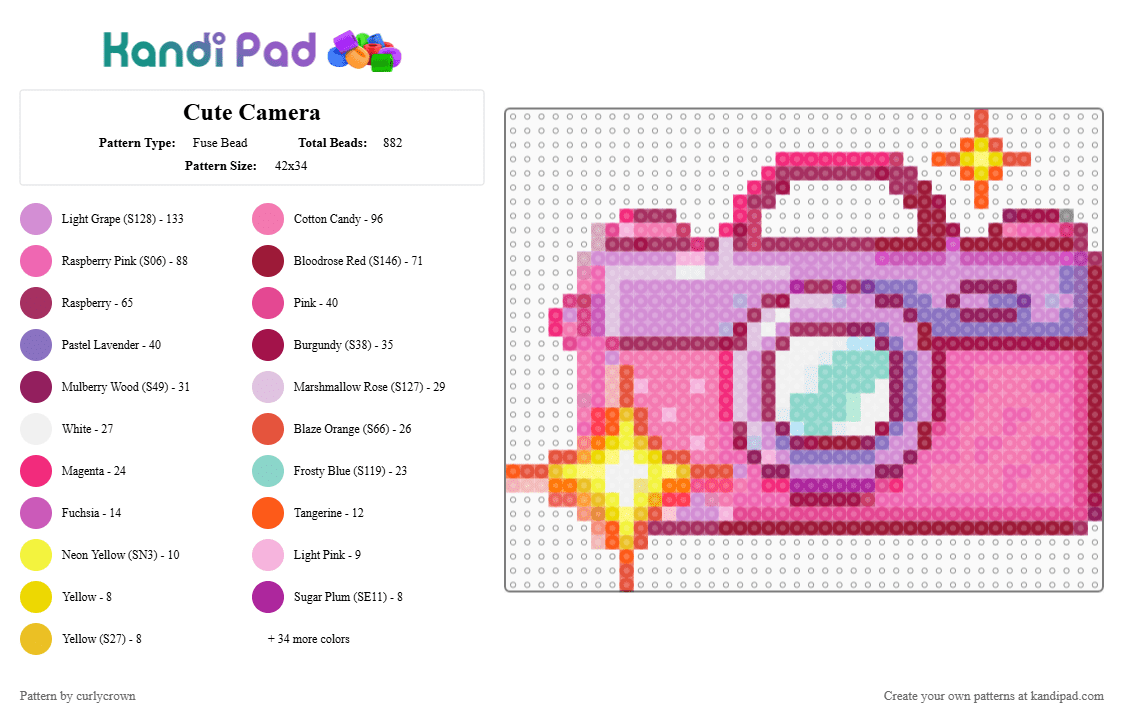 Cute Camera - Fuse Bead Pattern by curlycrown on Kandi Pad - pink, red