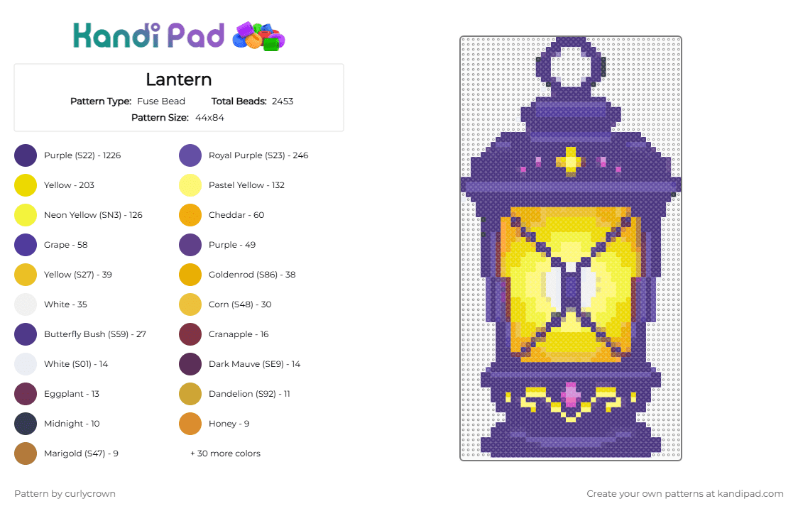Lantern - Fuse Bead Pattern by curlycrown on Kandi Pad - purple, yellow