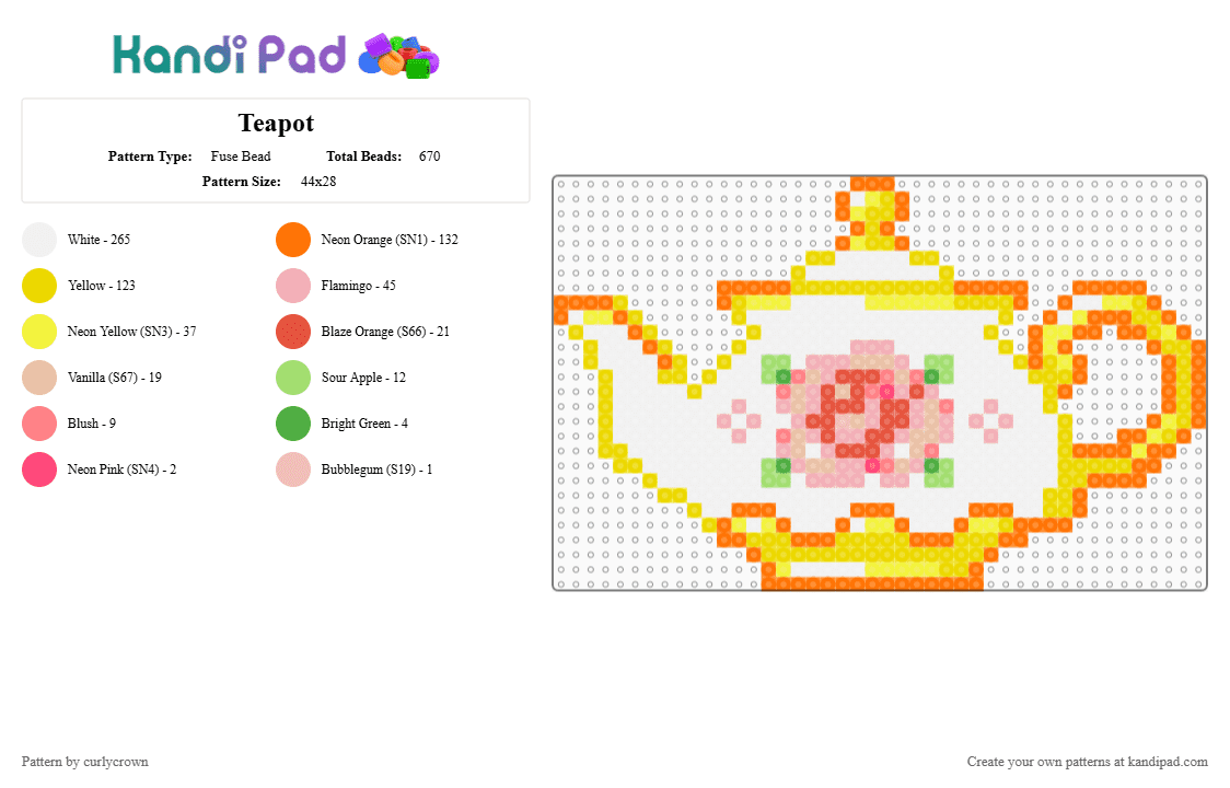 Teapot - Fuse Bead Pattern by curlycrown on Kandi Pad - yellow,orange