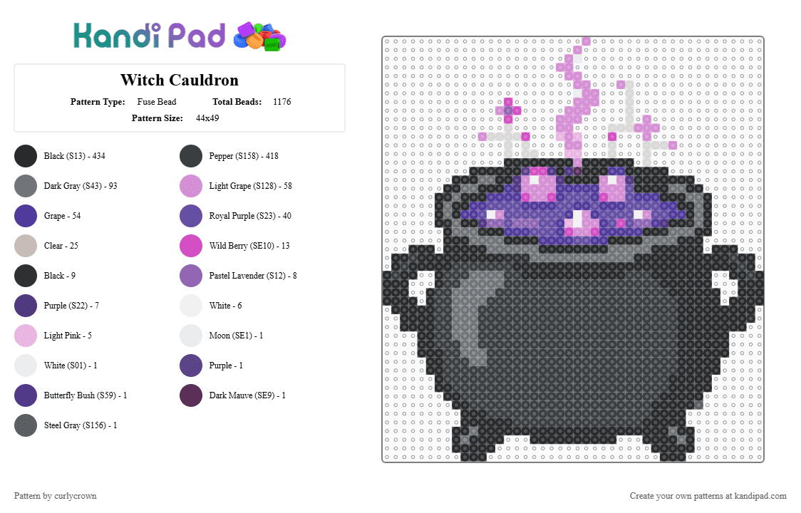 Witch Cauldron - Fuse Bead Pattern by curlycrown on Kandi Pad - black,pink,purple,gray