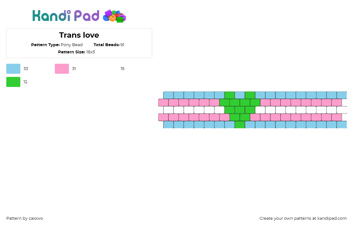 Trans love - Pony Bead Pattern by caiowo on Kandi Pad - trans,pride,love,heart,cuff,community,support,light blue,pink,green