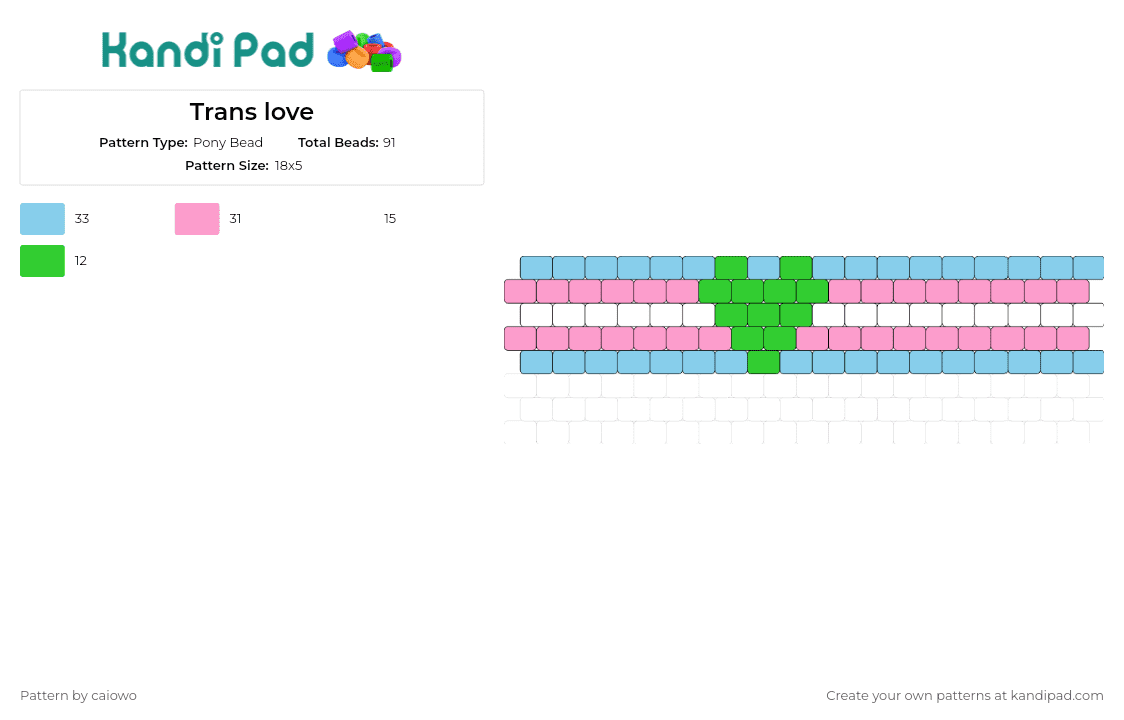 Trans love - Pony Bead Pattern by caiowo on Kandi Pad - trans,pride,love,heart,cuff,community,support,light blue,pink,green