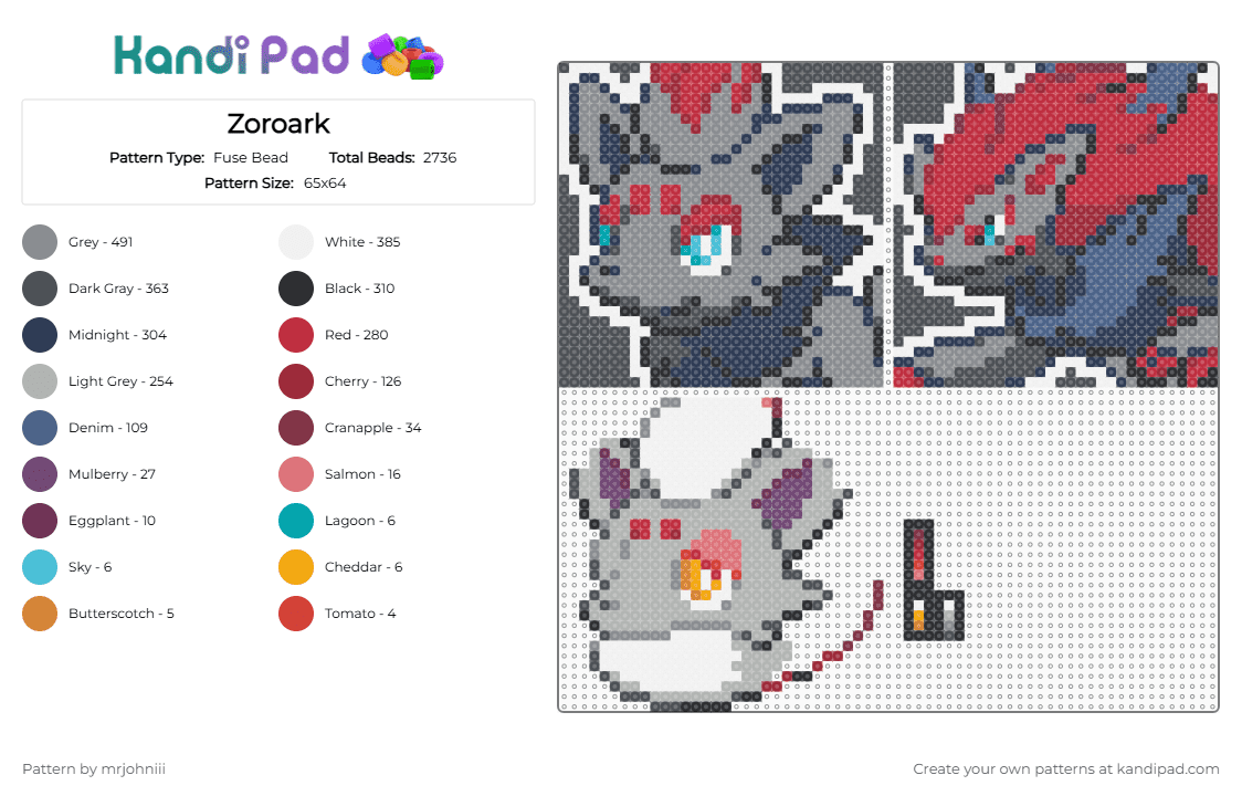 Zoroark - Fuse Bead Pattern by mrjohniii on Kandi Pad - beige, gray, purple, red