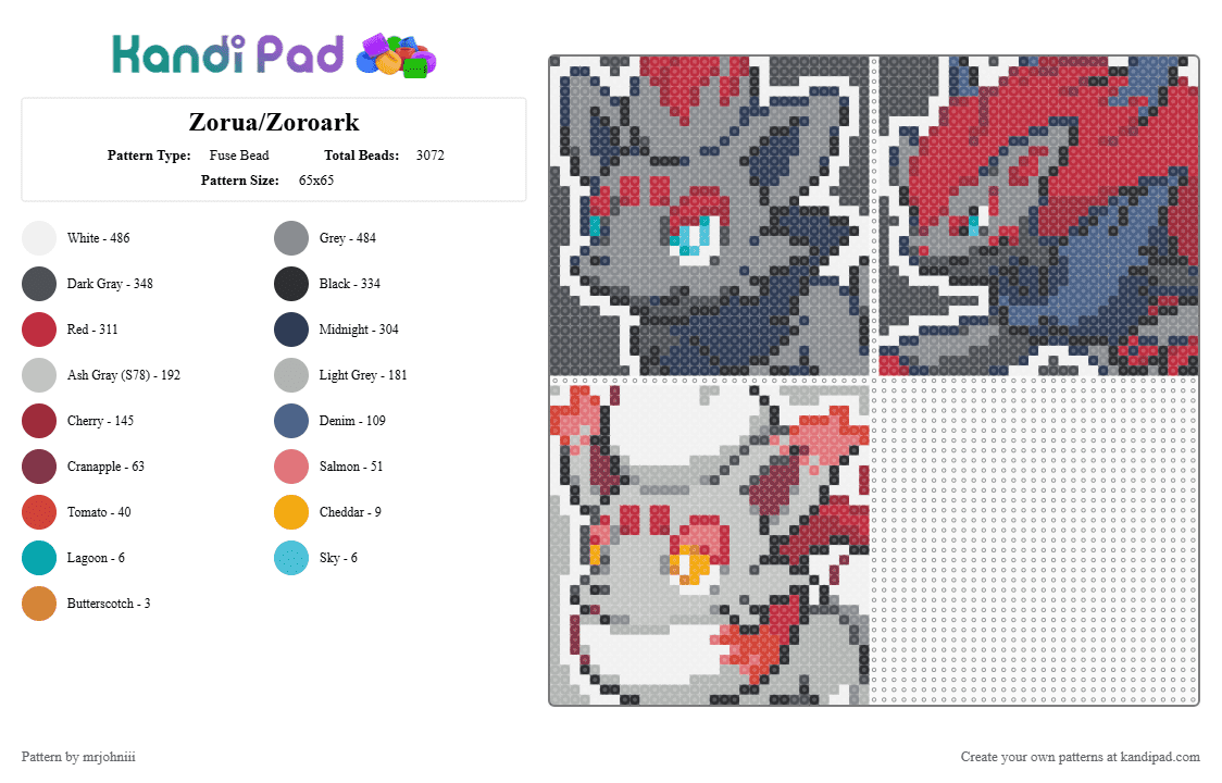 Zorua/Zoroark - Fuse Bead Pattern by mrjohniii on Kandi Pad - gray,red,purple,beige