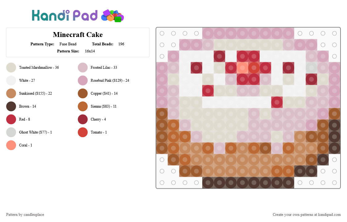 Minecraft Cake - Fuse Bead Pattern by candlesplace on Kandi Pad - beige, cake, minecraft, red, tan, white