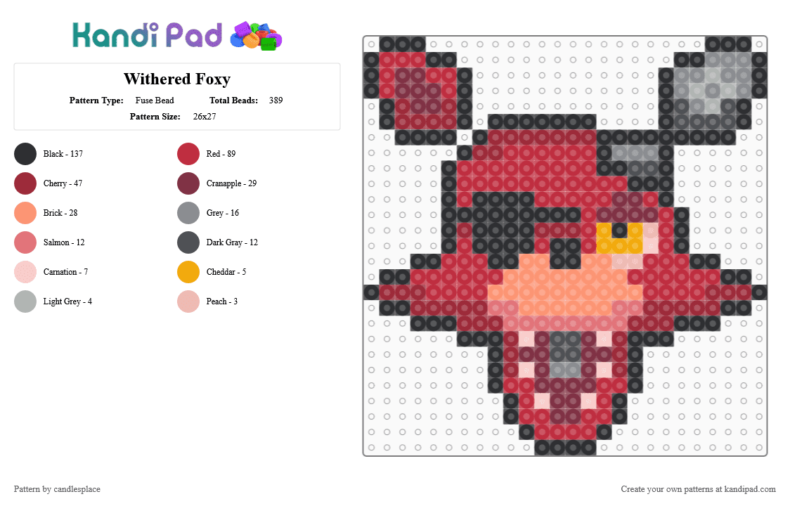 Withered Foxy - Fuse Bead Pattern by candlesplace on Kandi Pad - character, fnaf, pirate, red, withered foxy