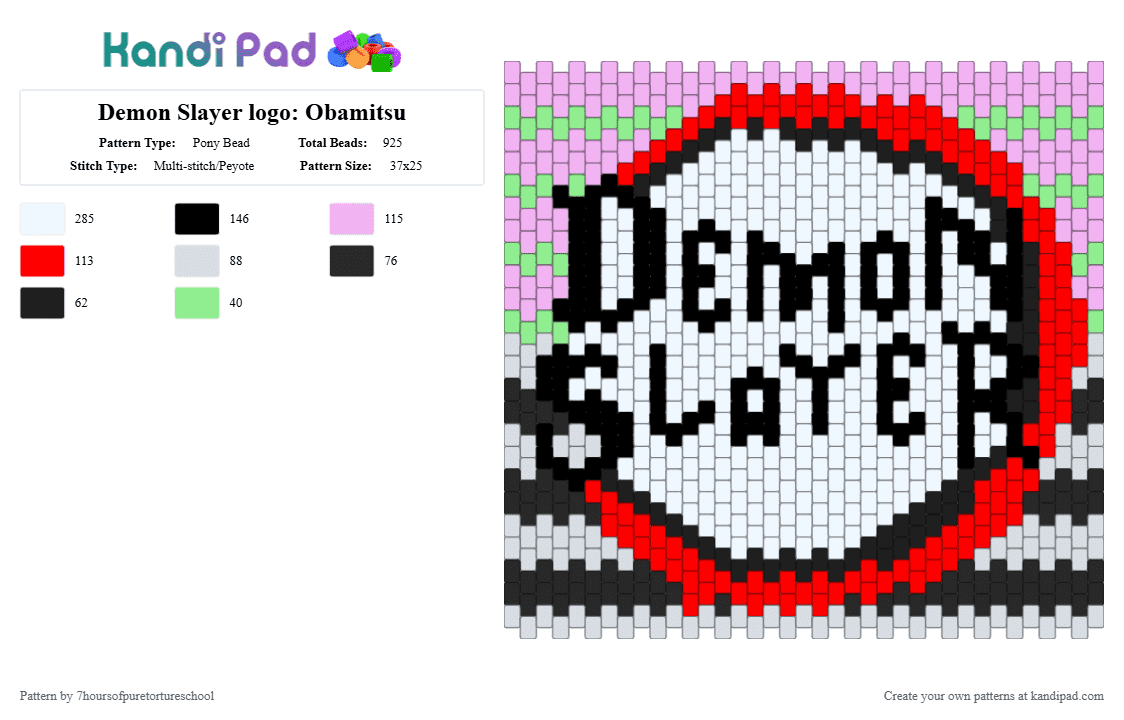 Demon Slayer logo: Obamitsu - Pony Bead Pattern by 7hoursofpuretortureschool on Kandi Pad - demonslayer, pink, red, white