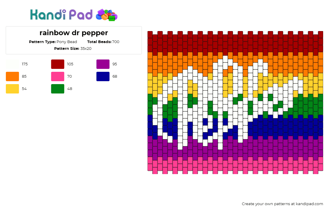 rainbow dr pepper - Pony Bead Pattern by deleted_user_821169 on Kandi Pad - dr pepper,soda,pop,rainbow,drink,food,logo,white