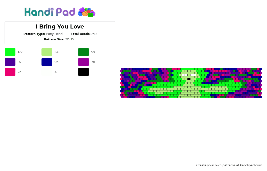 I Bring You Love - Pony Bead Pattern by deleted_user_821169 on Kandi Pad - alien,glowing,hug,love,neon,extraterrestrial,colorful,cuff,green,purple