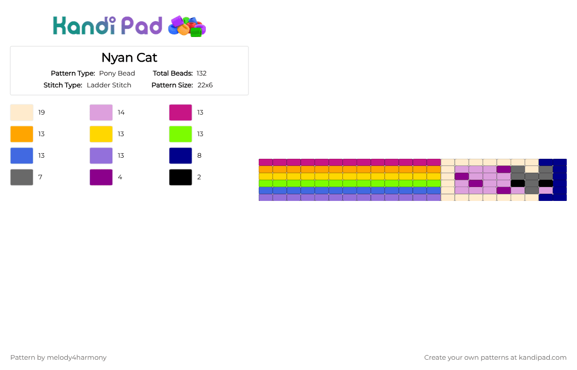 Nyan Cat - Pony Bead Pattern by melody4harmony on Kandi Pad - beige, cat, chud, fyp, nyan, nyancat, pink, purple, rainbow