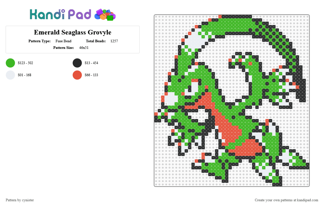 Emerald Seaglass Grovyle - Fuse Bead Pattern by cynister on Kandi Pad - green
