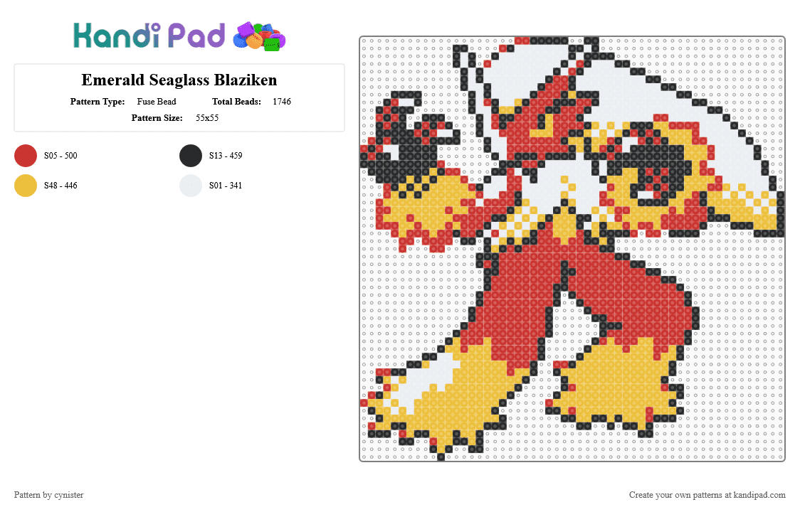 Emerald Seaglass Blaziken - Fuse Bead Pattern by cynister on Kandi Pad - red, yellow