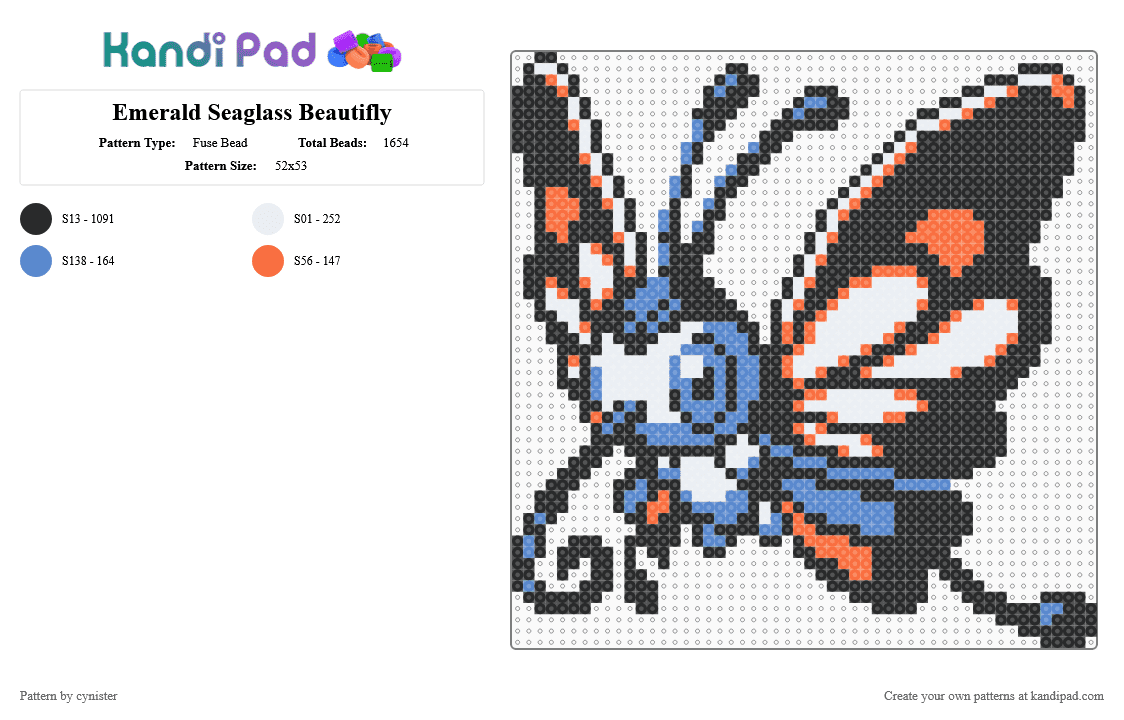 Emerald Seaglass Beautifly - Fuse Bead Pattern by cynister on Kandi Pad - black, blue, orange