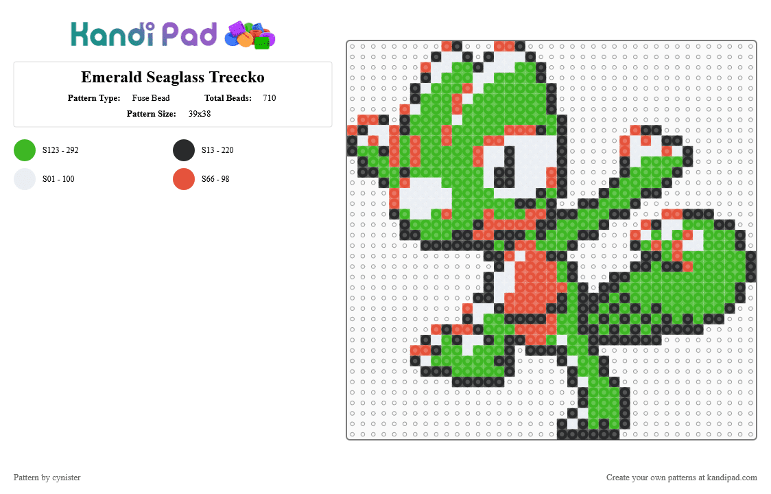 Emerald Seaglass Treecko - Fuse Bead Pattern by cynister on Kandi Pad - green