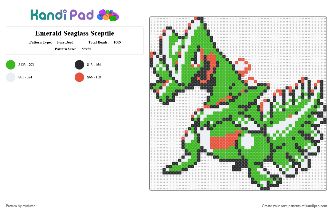 Emerald Seaglass Sceptile - Fuse Bead Pattern by cynister on Kandi Pad - green