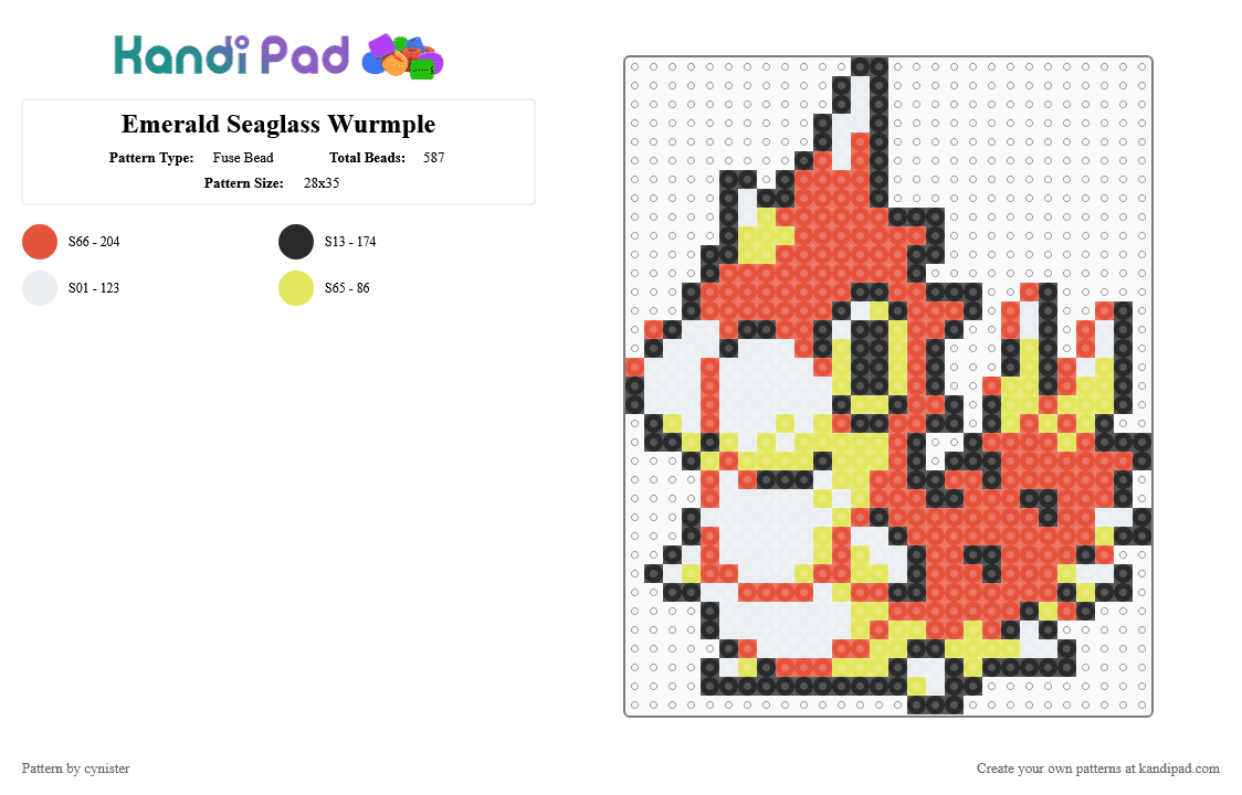 Emerald Seaglass Wurmple - Fuse Bead Pattern by cynister on Kandi Pad - red,yellow