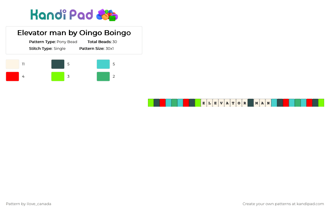 Elevator man by Oingo Boingo - Pony Bead Pattern by ilove_canada on Kandi Pad - green,gray,light blue,elevator man,oingo boingo,music,songs
