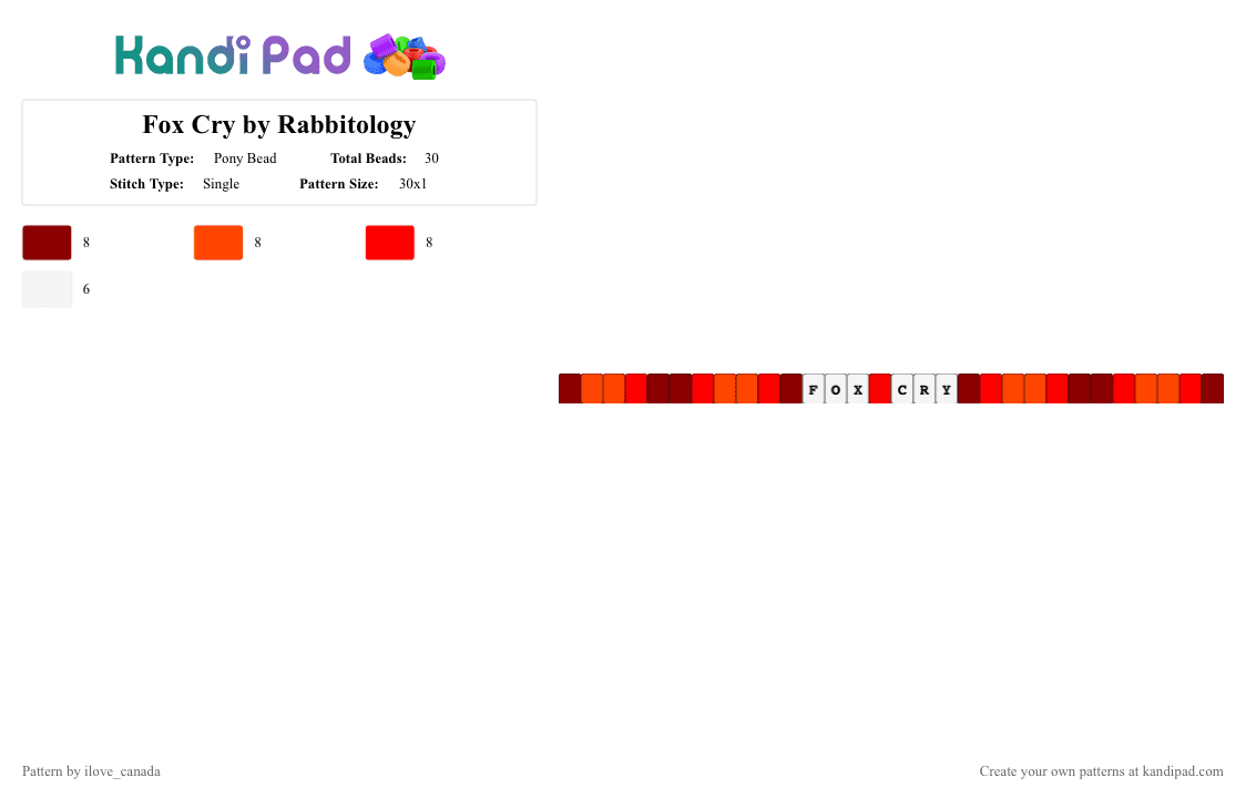 Fox Cry by Rabbitology - Pony Bead Pattern by ilove_canada on Kandi Pad - folk, fox cry, music, rabbitology, red, songs