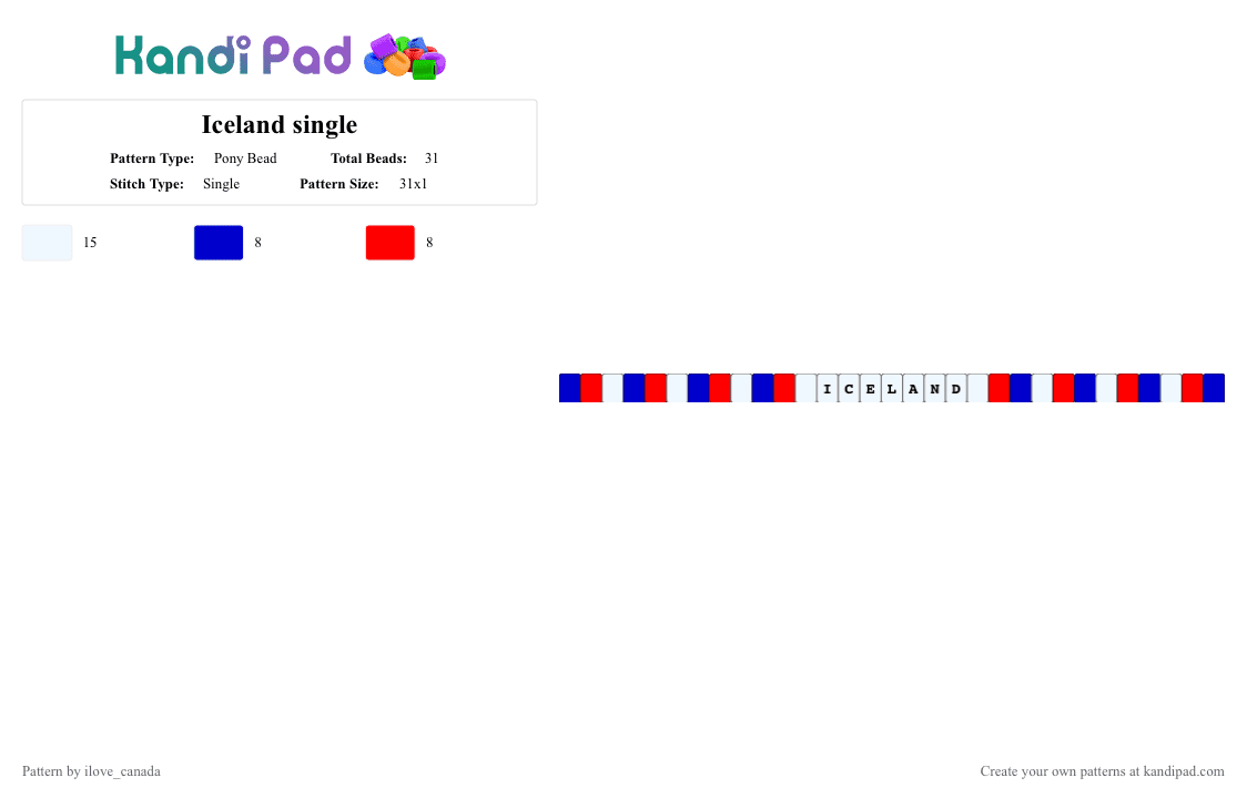 Iceland single - Pony Bead Pattern by ilove_canada on Kandi Pad - purple,red,white,blue,iceland,flag