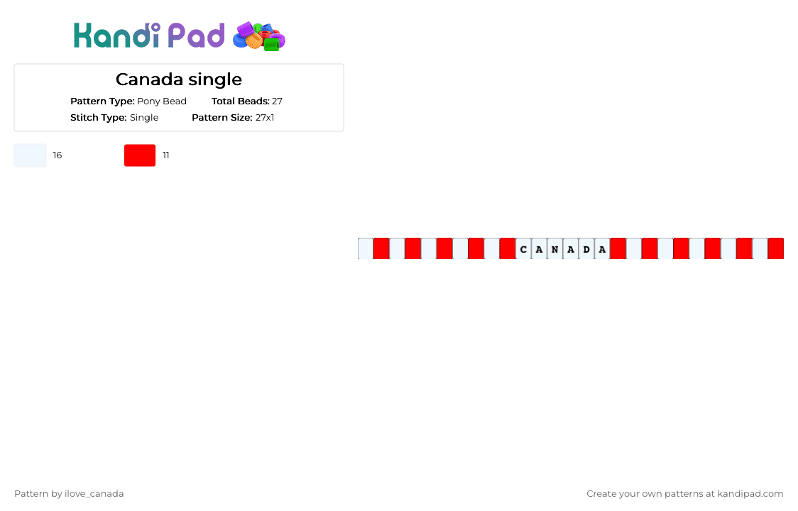 Canada single - Pony Bead Pattern by ilove_canada on Kandi Pad - canada, red, single, white