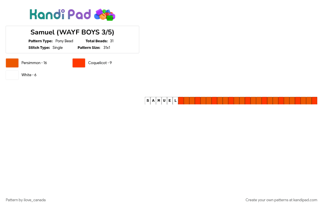 Samuel (WAYF BOYS 3/5) - Pony Bead Pattern by ilove_canada on Kandi Pad - 