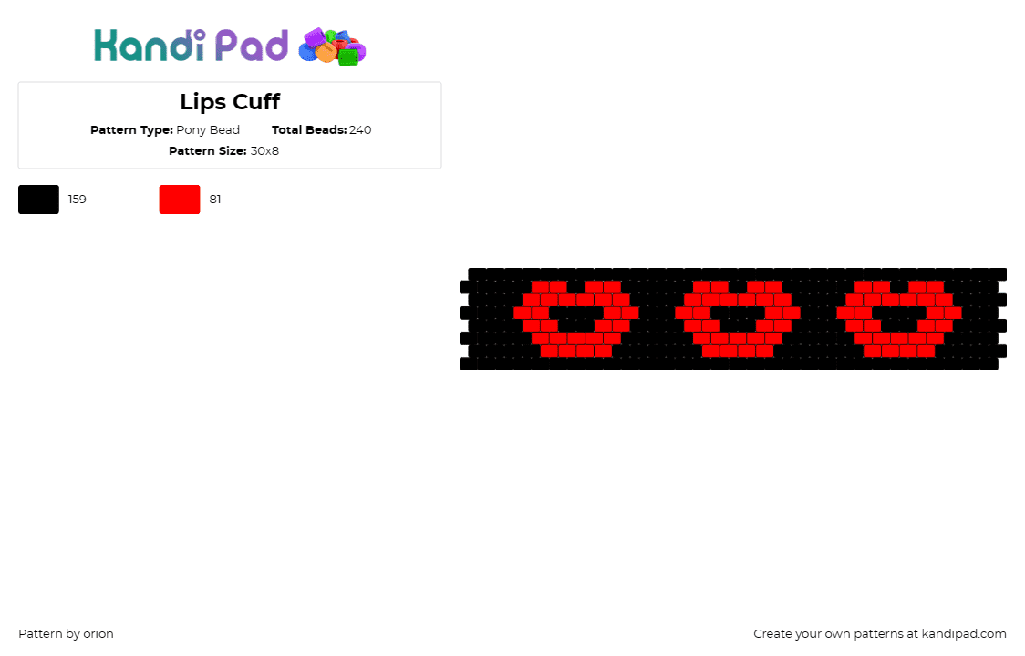 Lips Cuff - Pony Bead Pattern by orion on Kandi Pad - lips,mouth,kiss,love,cuff,black,red