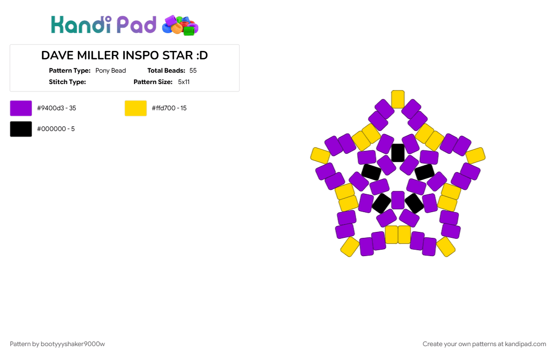 DAVE MILLER INSPO STAR :D - Pony Bead Pattern by bootyyyshaker9000w on Kandi Pad - purple, yellow