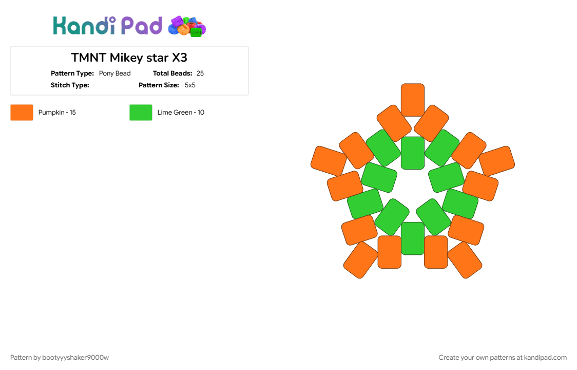 TMNT Mikey star X3 - Pony Bead Pattern by bootyyyshaker9000w on Kandi Pad - green, orange, star, tmnt, tmnt mikey