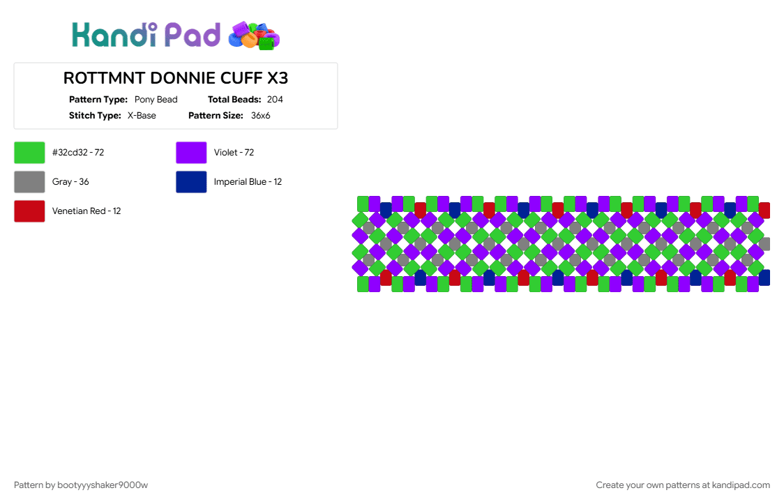 ROTTMNT DONNIE CUFF X3 - Pony Bead Pattern by bootyyyshaker9000w on Kandi Pad - purple, rottmnt, teenage mutant ninja turtles, tmnt donnie