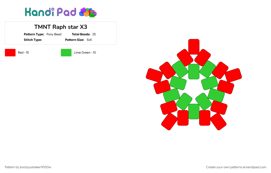 TMNT Raph star X3 - Pony Bead Pattern by bootyyyshaker9000w on Kandi Pad - green, red, star, tmnt, tmnt raph
