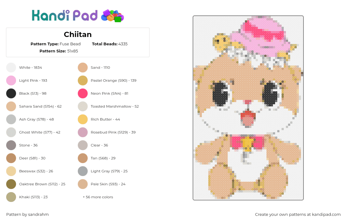 Chiitan - Fuse Bead Pattern by sandrahm on Kandi Pad - chiitan,youtooz,character,plush,cute,tan,white,pink