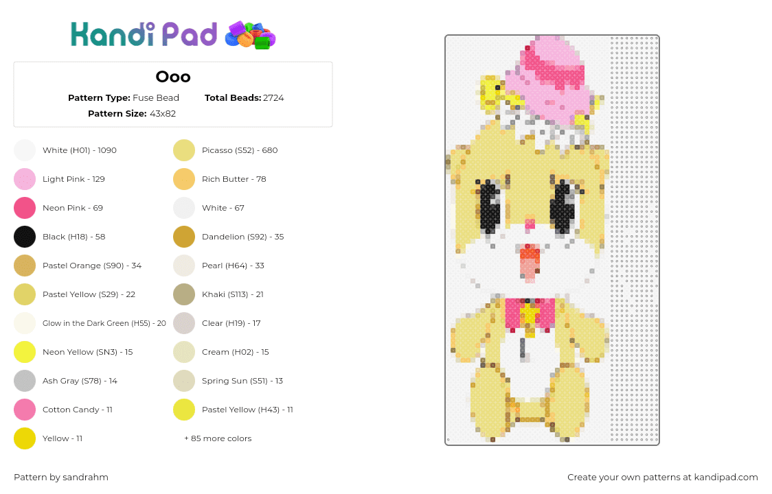 Ooo - Fuse Bead Pattern by sandrahm on Kandi Pad - chiitan,youtooz,character,plush,cute,yellow,white,pink