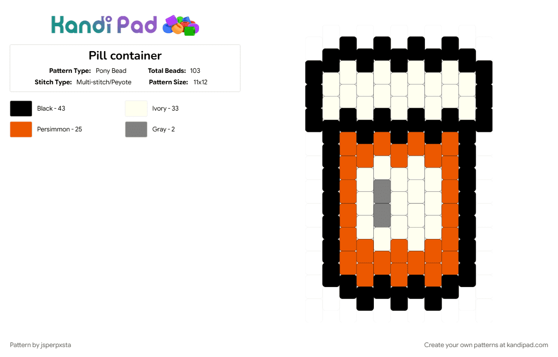 Pill container - Pony Bead Pattern by jsperpxsta on Kandi Pad - black, grey, orange, pill bottle, pills, white
