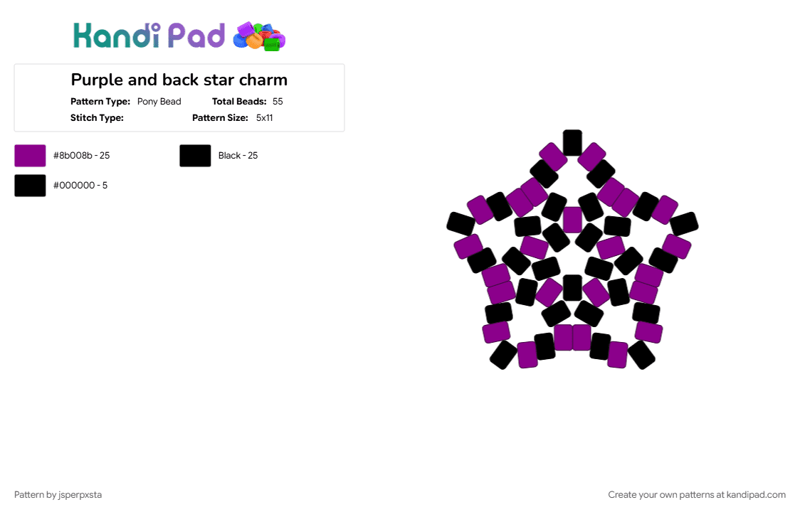 Purple and back star charm - Pony Bead Pattern by jsperpxsta on Kandi Pad - black, charm, hairclip, pink, purple, star