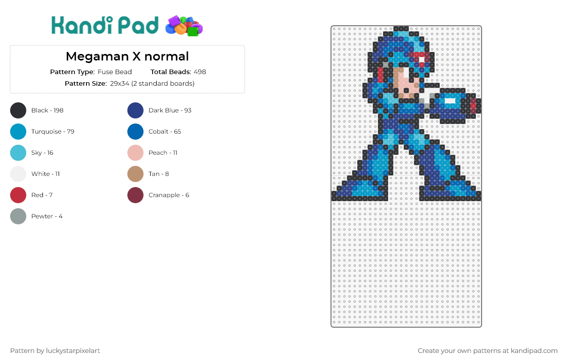 Megaman X normal - Fuse Bead Pattern by luckystarpixelart on Kandi Pad - mega man,capcom,nintendo,sega,video game,character,blue