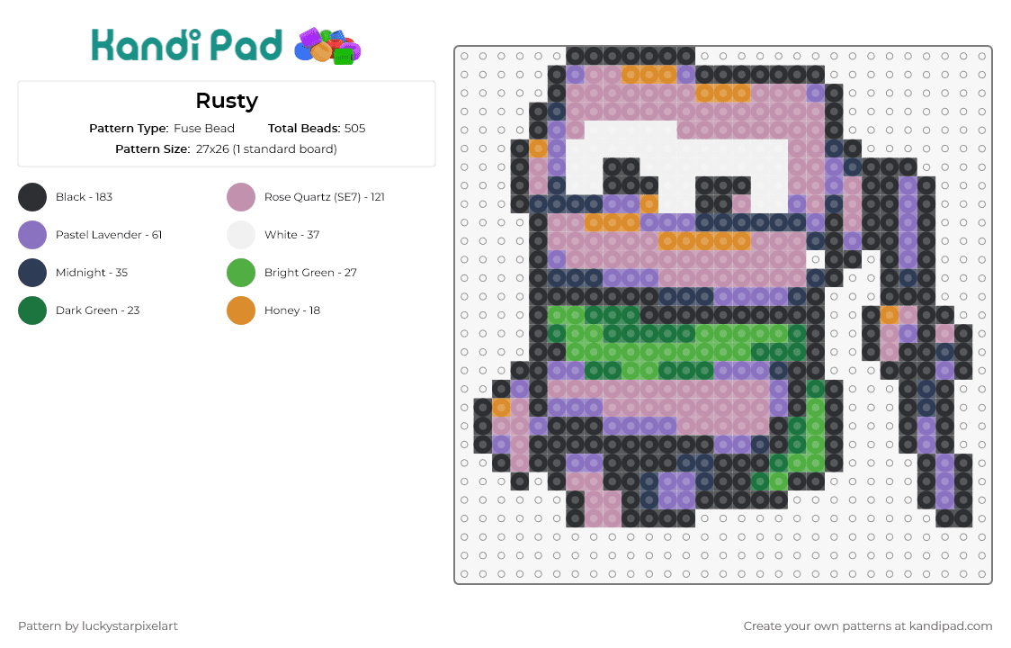 Rusty - Fuse Bead Pattern by luckystarpixelart on Kandi Pad - rusty,character,cute,purple,green