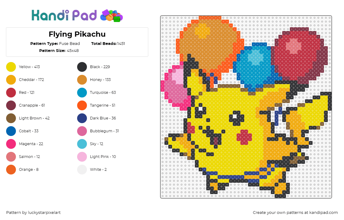 Flying Pikachu - Fuse Bead Pattern by luckystarpixelart on Kandi Pad - pikachu,pokemon,balloons,colorful,character,anime,gaming,yellow,red,orange,blue