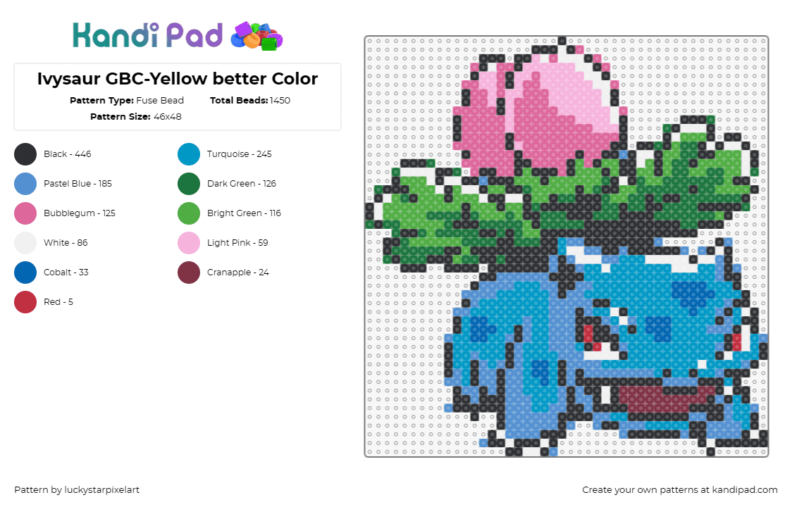 Ivysaur GBC-Yellow better Color - Fuse Bead Pattern by luckystarpixelart on Kandi Pad - ivysaur,bulbasaur,pokemon,gameboy,character,video game,green,blue,pink